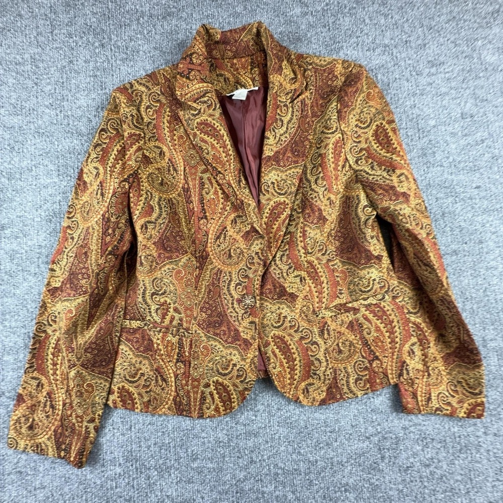 Dressbarn Blazer Jacket Womens 12 Brown Paisley Jacquard Rhinestone Button Lined